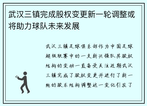 武汉三镇完成股权变更新一轮调整或将助力球队未来发展